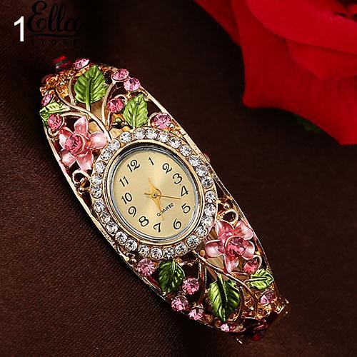 ellasstore กำไลข้อมือนาฬิกา ลายดอกไม้ ประดับคริสตัล สําหรับผู้หญิง