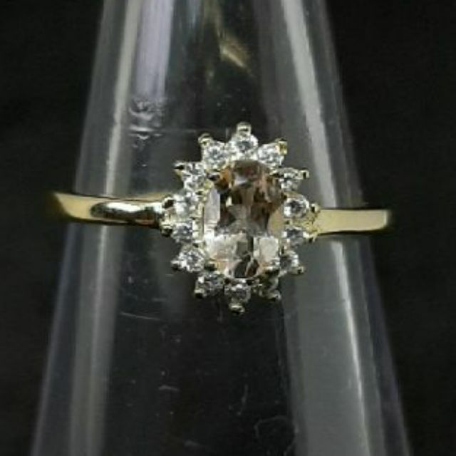 แหวน มอร์แกไนท์ Morganite พลอยแท้ สีพีชอ่อนๆ ขนาด 4×6 มม ล้อม CZ ตัวเรือนเงิน 925 ชุบทอง ขนาด 54