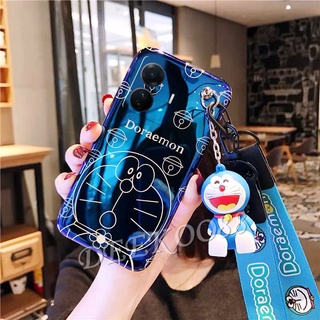 เคสโทรศัพท์มือถือ VIVO Y02S Y30 Y55 Y75 Y77 Y01 Y01A X80 Pro 5G 4G Phone Case with Hand Strap Neck Strap Cute Doraemon Doll Bracket Smartphone Casing Cartoon Blu-ray Back Cover VIVOY02S VIVOY77