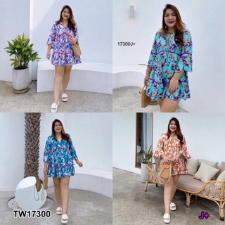 B17300 เดรส #Bigsize แขนสั้นระบาย พิมลาย #Bigsize dress, short sleeves, pattern print