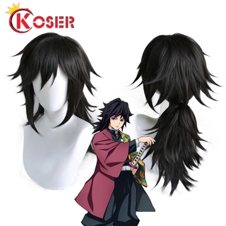 อนิเมะครับ ดาบพิฆาตอสูร Demon Slayer Kimetsu no Yaiba Tomioka Giyuu ชุดคอสเพลย์ สีดำ Ponytail Wig Cosplay Costume ผู้ชาย