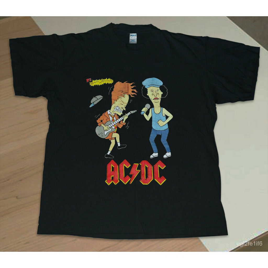 เสื้อยืดคอกลมGildan -   New Gildan T-Shirt Heavy Cotton ACDC, mtv 1996 ACDC Beavis and head 2OeAS-4X