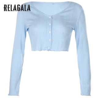 Relagala เสื้อคาร์ดิแกน คอวี แขนยาว ผ้าถัก สีพื้น แฟชั่นสําหรับผู้หญิง