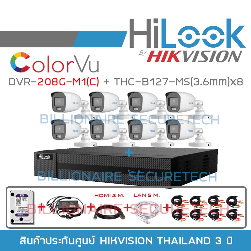 HILOOK ชุดกล้องวงจรปิด รุ่น DVR-208G-M1(C) + THC-B127-MS (3.6mm) + HDD 1TB+ADAPTOR 1ออก8 + HDMI + LA