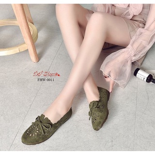 FHW-0011 รองเท้าคัชชูลำลองส้นเตี้ย หนังกลับนิ่มฉลุลาย น้ำหนักเบา