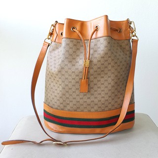 กระเป๋า มือสอง ของแท้ GUCCI Drawstring Bucket Bag GG Monogram Vintage เขียวแดง