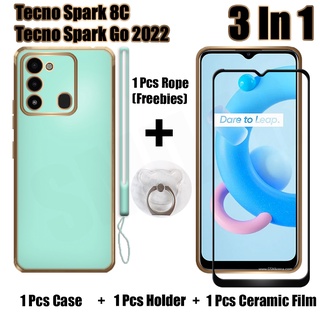 3 IN 1 Tecno Spark 8C Spark Go 2022 เคส พร้อมกระจกนิรภัยกันรอยหน้าจอ เซรามิก โค้ง และตัวยึด ซิลิโคน นิ่ม เคลือบไฟฟ้า เคสโทรศัพท์