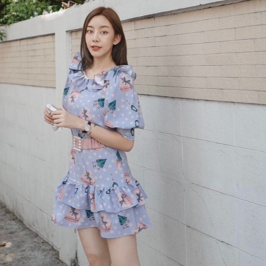 KAYASIS~❤️ | KYS022 - PINK OSTRICH PRINT RUFFLE DRESS