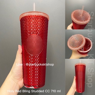 พร้อมส่ง แก้วหนามเกาหลี สีใหม่ล่าสุด คอลคริสมาสต์ Starbucks Holy red bling stud cold cup