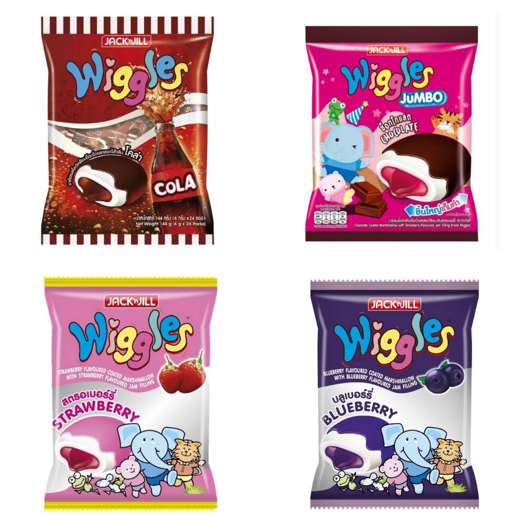วิกเกิลส์ มาร์ชแมลโลว์สอดไส้ 1ห่อ 24ซอง มีให้เลือกรสได้ 4รส  มาร์ชแมลโลว์จัมโบ้ wiggles มาร์ชแมลโลว์
