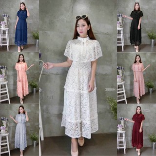 J3886 Maxi Dress แม็กซี่เดรสผ้าลูกไม้ ทรงคลุมไหล่