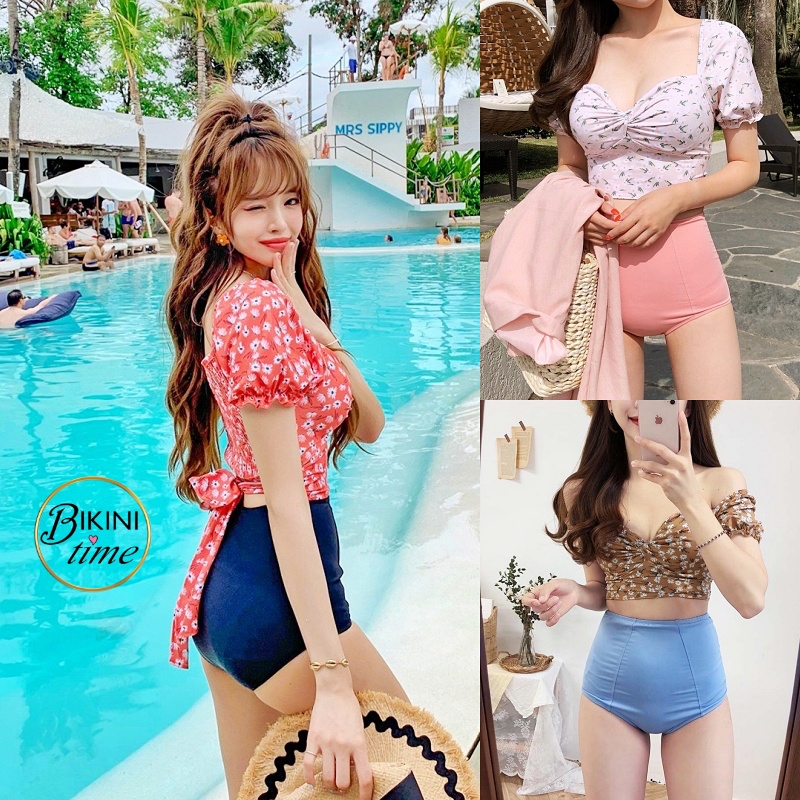 BikiniTime (M-XL) SB127 มี4สี ชุดว่ายน้ำบิกินี่ ทูพีซ กางเกงเอวสูงเก็บพุง แขนตุ๊กตา ชุดเที่ยวทะเล ชุดว่ายน้ำผู้หญิง
