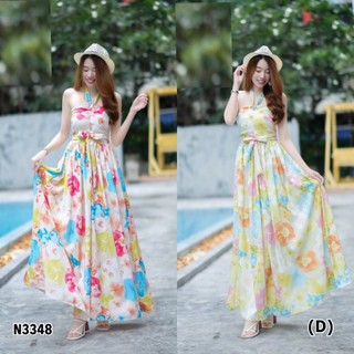 ์N3348Maxi Dress แม็กซี่เดรสสายคล้องคอ อกเสริมฟองน้ำ ผ้าไหมอย่างดี