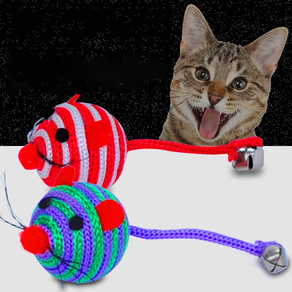 สัตว์เลี้ยงเครื่องประดับ Lovely Stripe Rope Round Ball Mouse Long Tail Bell Pet Cat Play Toy