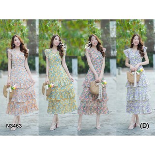 N3463MaxiDress แม็กซี่เดรสยาว แขนระบาย กระโปรงระบายเป็นชั้นๆ