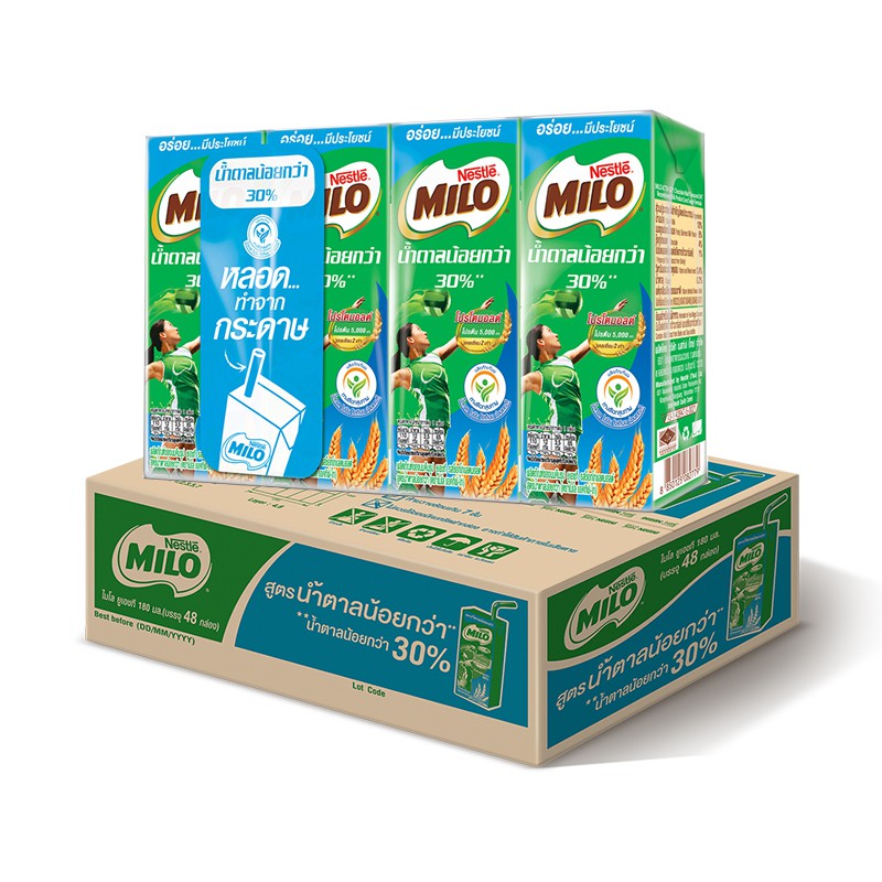 ไมโล นมยูเอชที รสช็อคโกแล็ตมอลต์ สูตรน้ำตาลน้อยกว่า 180 มล. x 48 กล่อง Milo UHT Milk, Chocolate Malt Flavor Less than 18