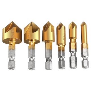 6 x 5 Flute 90degree 1/4inch Hex HSS Countersink Drill Bit Set Chamfer Cutter 6-