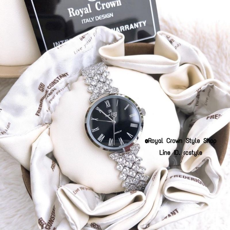 Royal Crown (FREE  ต่างหู1คู่) นาฬิกาเพชรรัสเซีย,สวยหรู,กันน้ำ,ของแท้,มีบัตรับประกัน1ปี,จัดส่งพร้อมกล่องครบ