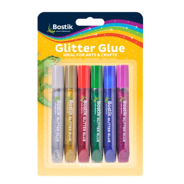 บอสติก กาวกากเพชรแบบสี 10.5 มล x 6 แท่ง ไร้สารเคมีเหมาะสำหรับเด็ก Bostik GLITTER GLUE