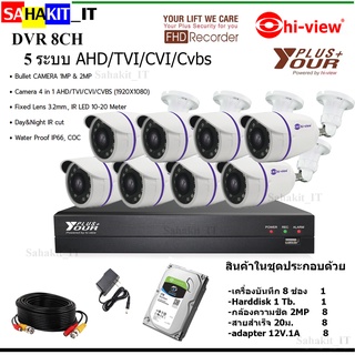 สายCCTV สำเร็จ20m.8เส้น กล้องวงจรปิด Hi-view รุ่น HA-614B20 8ตัว+DVR รุ่น YP5-08N  8Ch+Adapter 12V 1A 8ตัว+Hard Disk 1TB