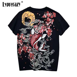 Lyprerazy เสื้อยืดแขนสั้น ปักลายปลาคาร์พ สไตล์ญี่ปุ่น ฮาราจูกุ วินเทจ สําหรับผู้ชาย