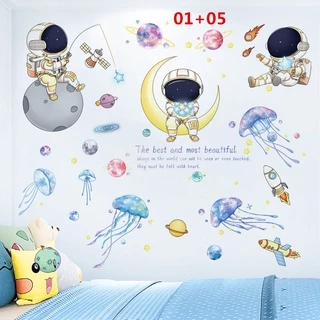 wuxiangHJ29 นักบินอวกาศอวกาศสติ๊กเกอร์ติดผนังการ์ตูนห้องเด็กเด็กทารกห้องนอนอนุบาลห้องเรียนรูปแบบธีมภาพจิตรกรรมฝาผนัง