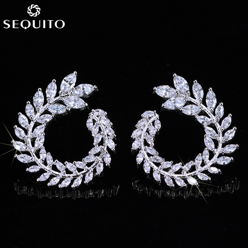 SEQUITO Olive สาขา Leaf Shape คุณภาพสูง CZ เพชรคริสตัล Big Studs ต่างหูสําหรับเจ้าสาวแฟชั่นเครื่องประดับงานแต่งงาน E079