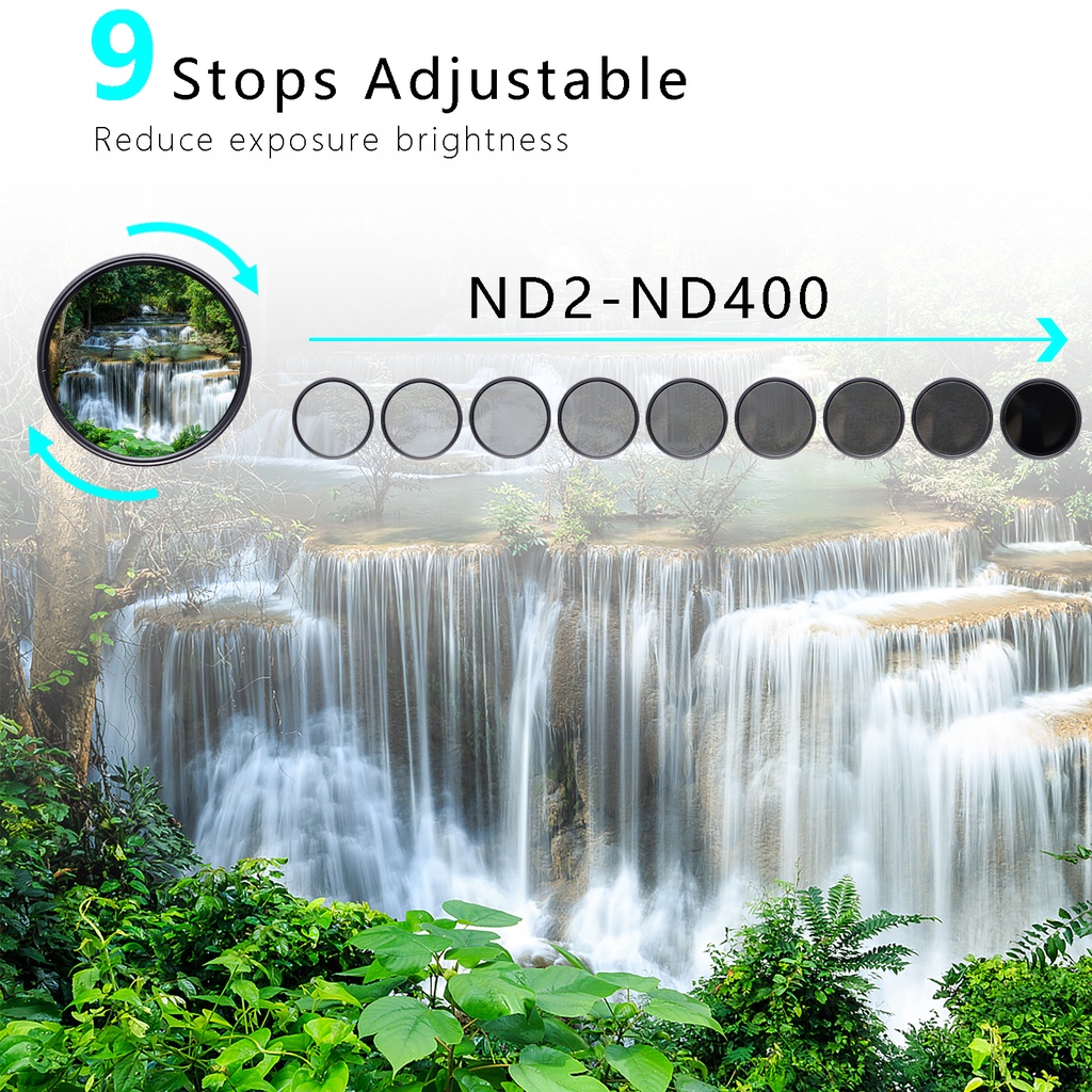 Vstar ND2 ถึง ND400(1-8.6 หยุด) ตัวกรองเลนส์ความหนาแน่นเป็นกลางตัวแปร Slim Fader ND2-400 กระจกออปติคอล