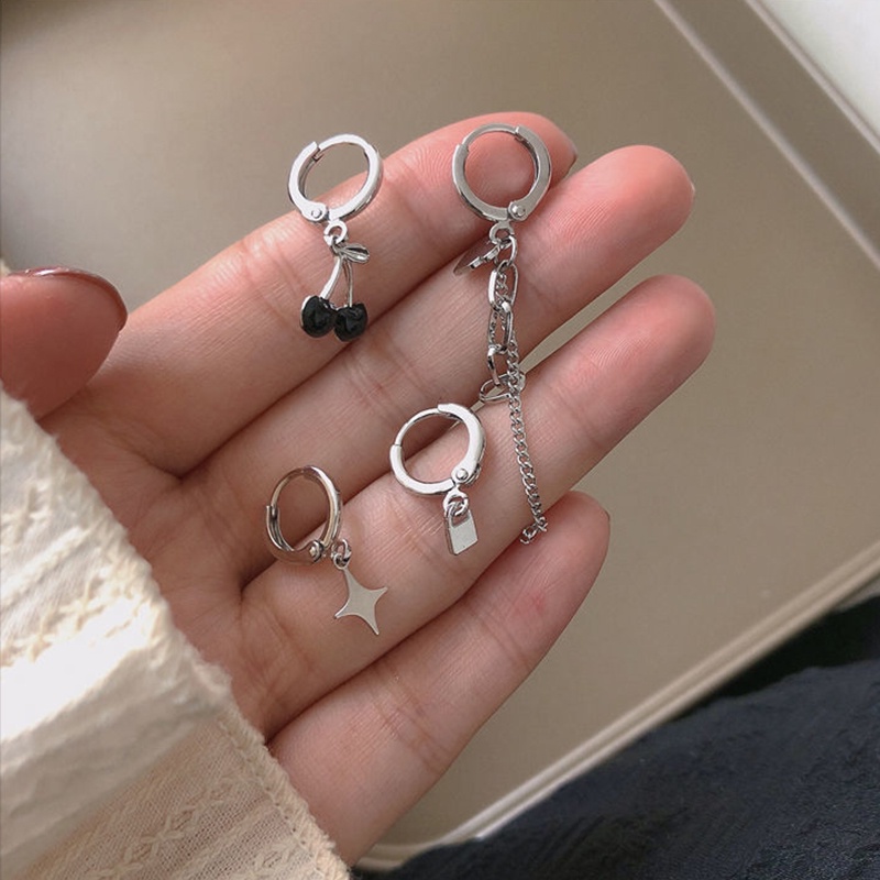4PCS Black Cherry Earrings Set Simple Design Peach Heart Chain Earrings ราคา ถูกที่สุด ดีลบีเคเค แกลเลอรีภาพที่ 4