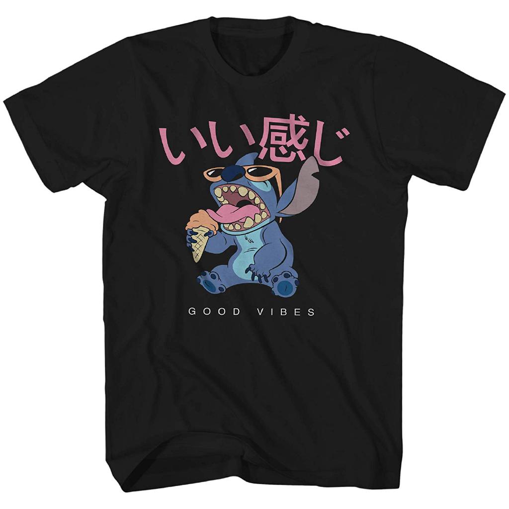 เสื้อยืดใหม่เสื้อยืดลายกราฟฟิก Disney Lilo and Stitch Good Vibes kanjiรหัสเต็ม S-3XL