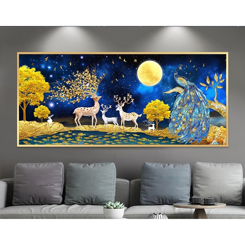 (พร้อมส่ง) ครอสติสคริสตัล diamond painting ภาพตกแต่งบ้าน Large Atmospheric Peacock Rich Deer ศิลปะ DIY 5D GW123