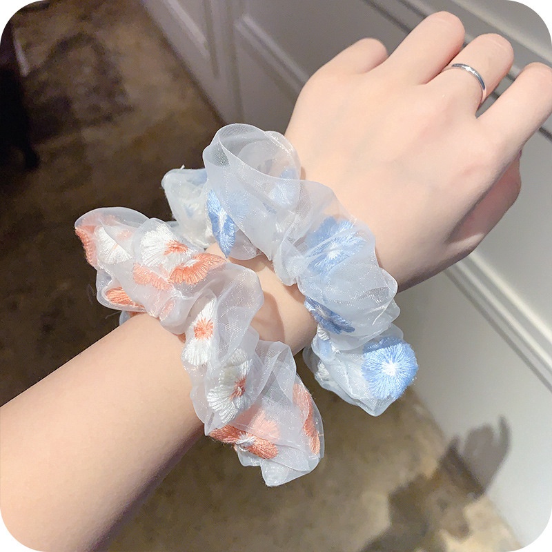 ยางรัดผม ขนาดใหญ่ ปักลําไส้ / ตาข่าย ขนาดใหญ่ วงแหวนลําไส้ใหญ่ ดอกไม้ / ยางยืด ลูกไม้ / ตาข่าย สครันชี่ สวมหัว ทูเล่ เครื่องประดับผม: สีฟ้า