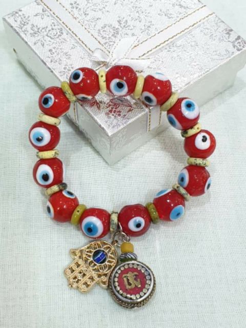 กำไลหิน☆Lucky evil eye bracelet 14mm☆ดวงตาสวรรค์นำโชค หลากสี คั่นด้วยหินแท้