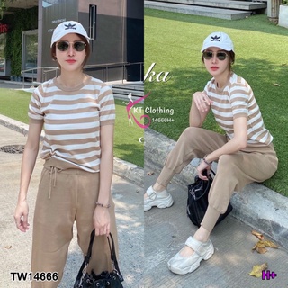 WST14666 Set 2 ชิ้น เสื้อคอกลม แขนสั้น ผ้าไหมพรมลายทาง ชายมีสายรูด กับกางเกงขายาว เอวยางยืดได้เยอะ