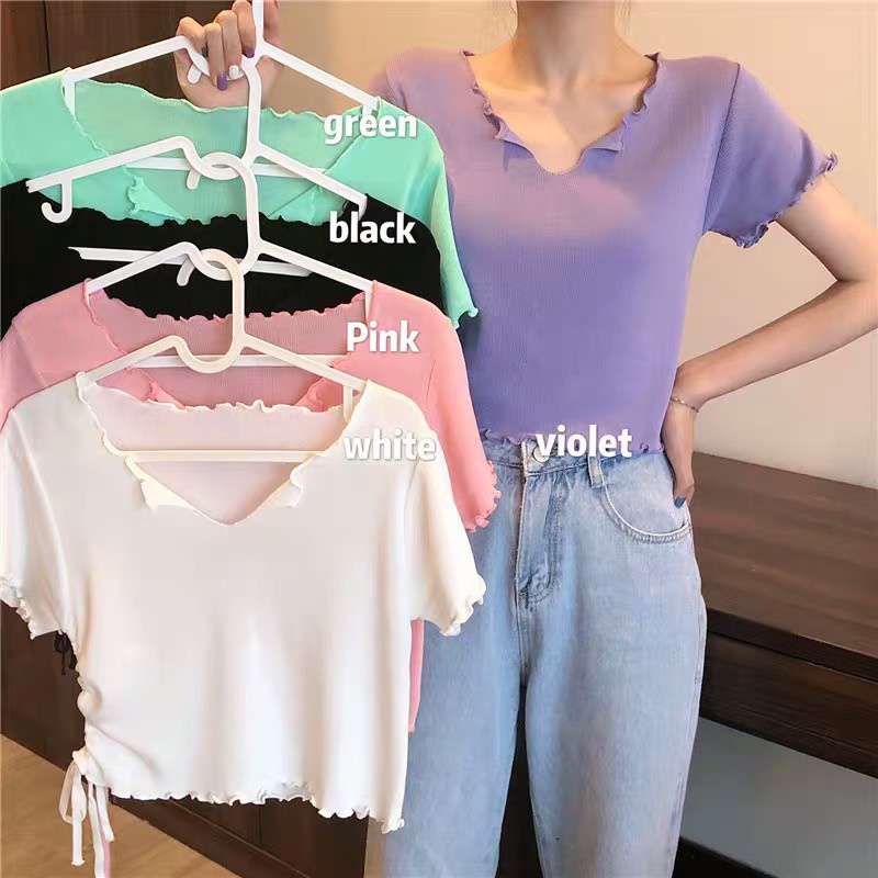 cicishop Cicishop(พร้อมส่ง)เสื้อไหมพรมแขนสั้น แต่งดีเทลรูดเชือกด้านข้าง น่ารักมาก(3123)