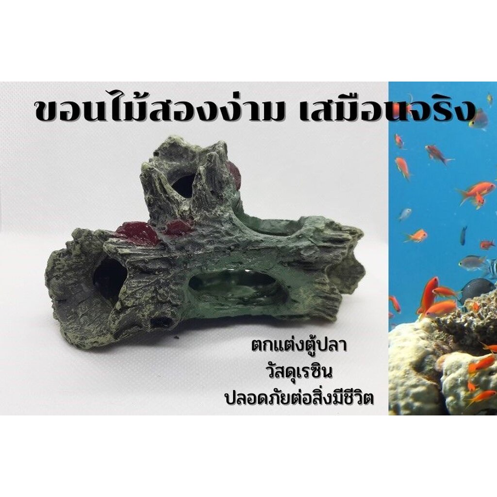 โพรงขอนไม้เรซิน สองง่าม ตกแต่งตู้ปลา เหมือนไม้จริงมาก เป็นธรรมชาติ ให้ปลาลอด หลบภัย ส่งจากประเทศไทย