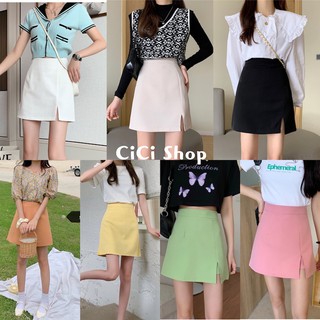 ราคาCicishop(215)กระโปรงสั้นทรงเอ ผ่าหน้าเอวสูง ซิปหลัง มีซับในเป็นกางเกง สีพาสเทลสุดน่ารัก