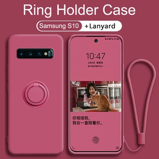 Samsung Galaxy S10 S9 S8 Plus S10e Luxury Magnetic Ring Holder Liquid Silicone Case Stand Finger Bracket Soft Cover With Free Lanyard