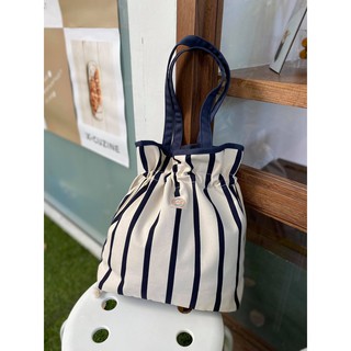 Stripe Navy Canvas Ruffle Tote bag / drawstring bag กระเป๋าผ้าแคนวาสลายจุด ทรงหูหูด Underlinebags