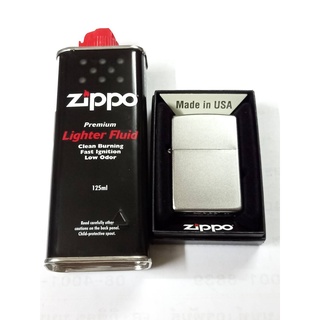 ชุดโปร ราคาพิเศษ Zippo +น้ำมัน  zippo 205 SATIN CHROME   สีเงินผิวโครเมี่ยมลายเรียบ+น้ำยา ZIPPO 125ML   ของใหม่ ของแท้