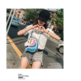 [CB130-สีฟ้า] กระเป๋าสะพายข้าง รูปม้าน้ำ สีสะท้อนแสง ✨ฟรุ้งฟริ้งแวววาว✨ คุณภาพดี ทรงซิปรอบ
