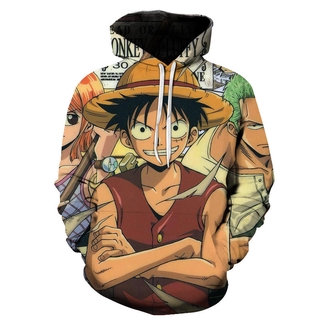 ONE PIECE เสื้อกันหนาวมีฮู้ดพิมพ์ลายการ์ตูนวันพีช 3 D สําหรับผู้ชาย