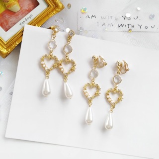 ต่างหูเจาะ/หนีบ หัวใจมุกระย้า (พร้อมส่ง)