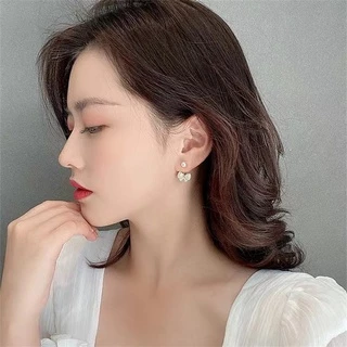 ต่างหูเข็มเงิน ประดับโบว์ มุก พลอยเทียม สไตล์เกาหลี พร้อมส่ง