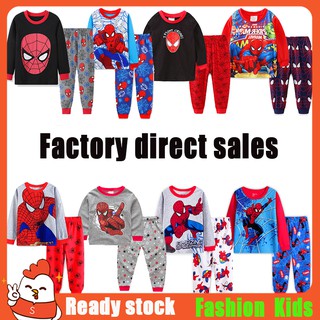 Spiderman Cartoon Kids Pyjamas ชายแขนยาวเสื้อยืดกางเกงชุดนอนผ้าฝ้าย 100%