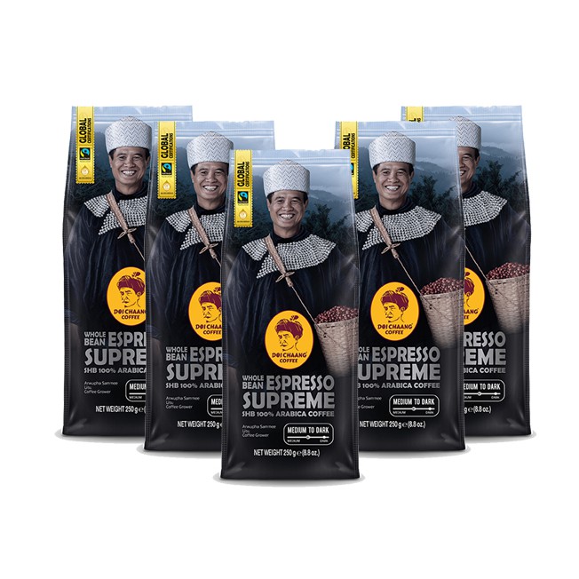 *มีสินค้า*Doi Chaang Coffee กาแฟดอยช้าง (เมล็ดกาแฟคั่ว) :Espresso Supreme 250 g. 5 ถุง คั่วกลางเข้ม