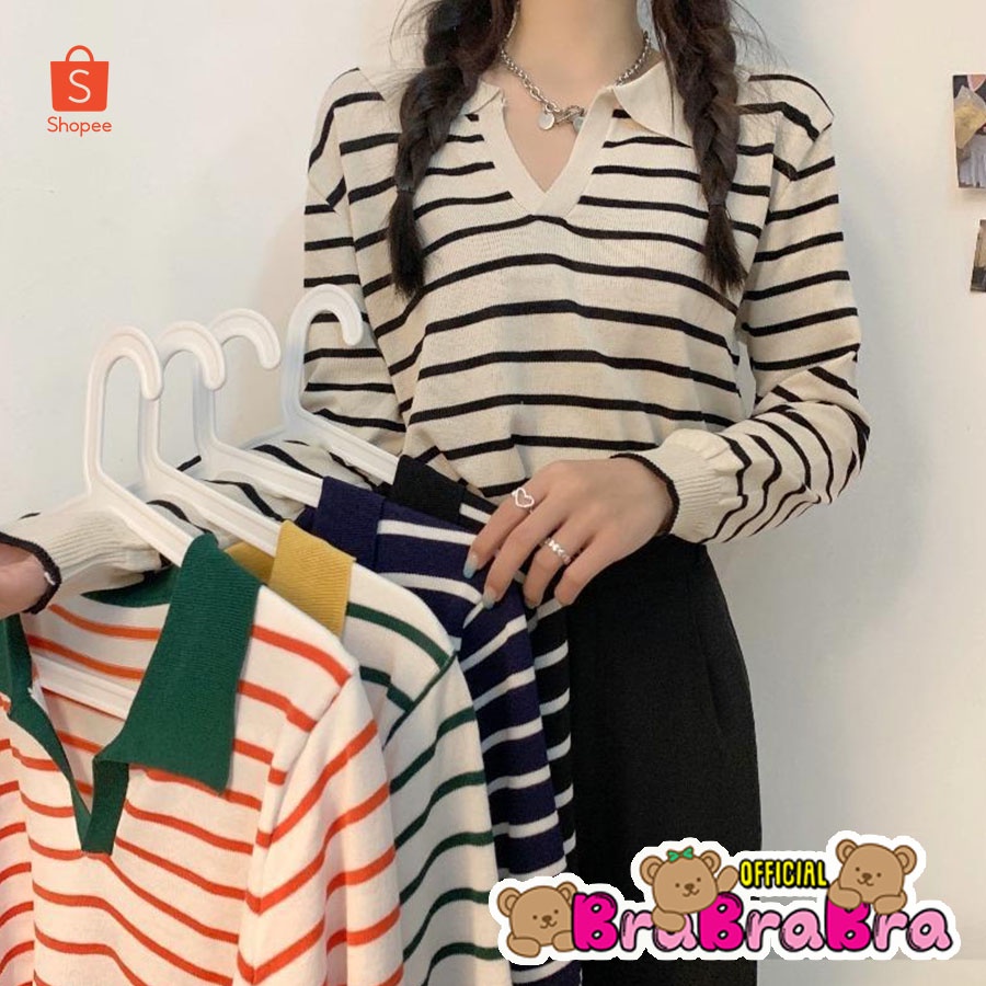 [ส่งจากไทย] 𝑩𝒓𝒂𝑩𝒓𝒂𝑩𝒓𝒂 #f-076 เสื้อไหมพรม คอปก แขนยาว ลายทาง