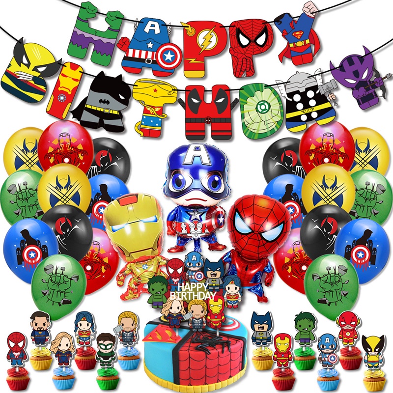 1 ชุด The Avengers ปาร์ตี้ ตกแต่ง แพ็คเกจ ซูเปอร์ฮีโร่ บอลลูน แบนเนอร์ เค้ก ท็อปเปอร์ ตกแต่ง เด็กผู้ชาย เด็ก วันเกิด เด็ก ชุดของเล่น
