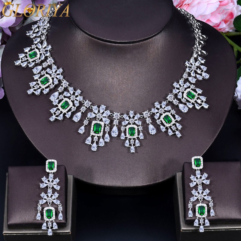 Super Luxury AAA + สีเขียวมรกตอัญมณี CZ Zirconia คริสตัลพู่ต่างหู Choker สร้อยคอชุดเจ้าสาวงานแต่งงาน Jewellery ชุดสําหรับเจ้าสาวGloriyaJS050