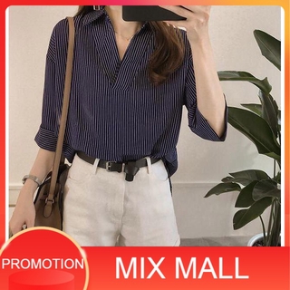 💥พร้อมส่ง M-4XL 💥เสื้อเชิ้ตผู้หญิง เสื้อเซิ้ตลายทางแขนสั้น คอปก T Shirt  Of MixMall Style